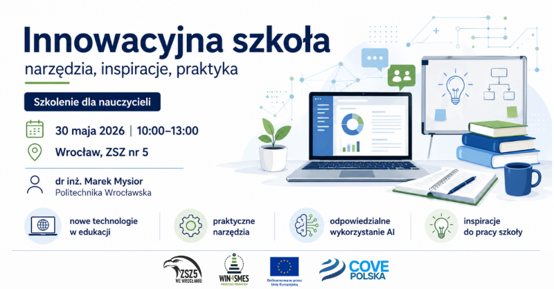 Grafika informacyjna zapraszająca na szkolenie dla nauczycieli pt. „Innowacyjna szkoła – narzędzia, inspiracje, praktyka”. Na białym tle z niebieskimi akcentami widnieje ilustracja biurka z otwartym laptopem, notatnikiem oraz tablicą suchościeralną z diagramem. Kluczowe informacje na grafice: Tytuł: Innowacyjna szkoła – narzędzia, inspiracje, praktyka. Podtytuł: Szkolenie dla nauczycieli. Data i czas: 30 maja 2026 r., godz. 10:00–13:00. Miejsce: Wrocław, ZSZ nr 5. Prowadzący: dr inż. Marek Mysior, Politechnika Wrocławska. Główne tematy: nowe technologie w edukacji, praktyczne narzędzia, odpowiedzialne wykorzystanie AI, inspiracje do pracy szkoły. Logotypy na dole: ZSZ5 we Wrocławiu, WIN4SMEs, Unia Europejska oraz COVE Polska.