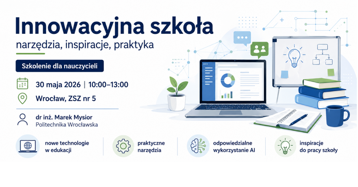 Grafika informacyjna zapraszająca na szkolenie dla nauczycieli pt. „Innowacyjna szkoła – narzędzia, inspiracje, praktyka”. Na białym tle z niebieskimi akcentami widnieje ilustracja biurka z otwartym laptopem, notatnikiem oraz tablicą suchościeralną z diagramem. Kluczowe informacje na grafice: Tytuł: Innowacyjna szkoła – narzędzia, inspiracje, praktyka. Podtytuł: Szkolenie dla nauczycieli. Data i czas: 30 maja 2026 r., godz. 10:00–13:00. Miejsce: Wrocław, ZSZ nr 5. Prowadzący: dr inż. Marek Mysior, Politechnika Wrocławska. Główne tematy: nowe technologie w edukacji, praktyczne narzędzia, odpowiedzialne wykorzystanie AI, inspiracje do pracy szkoły. Logotypy na dole: ZSZ5 we Wrocławiu, WIN4SMEs, Unia Europejska oraz COVE Polska.